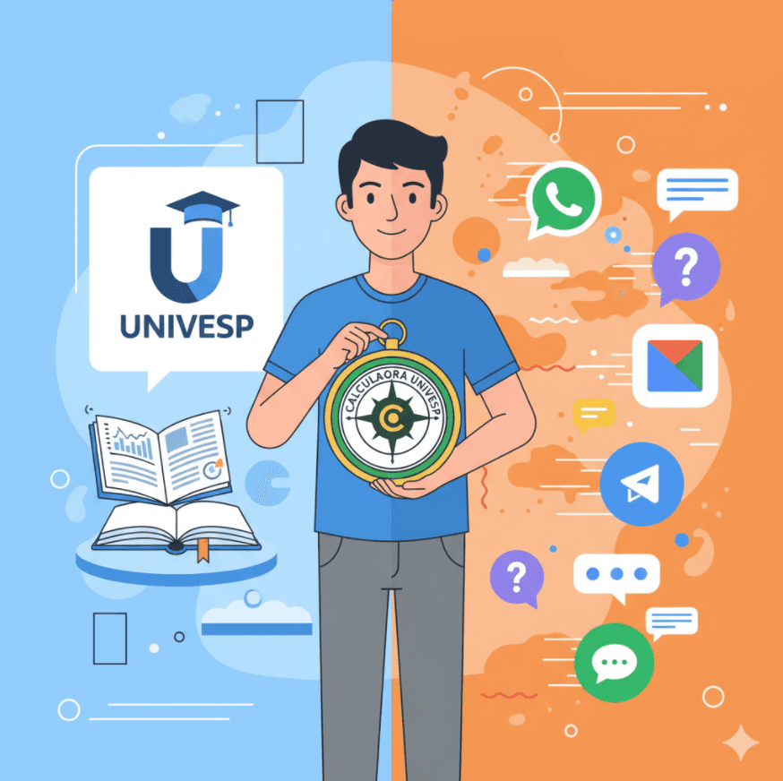 A dualidade do campus. Um estudante no centro, servindo como uma 'ponte' entre o mundo oficial (AVA) e o mundo caótico (Grupos/Nação).